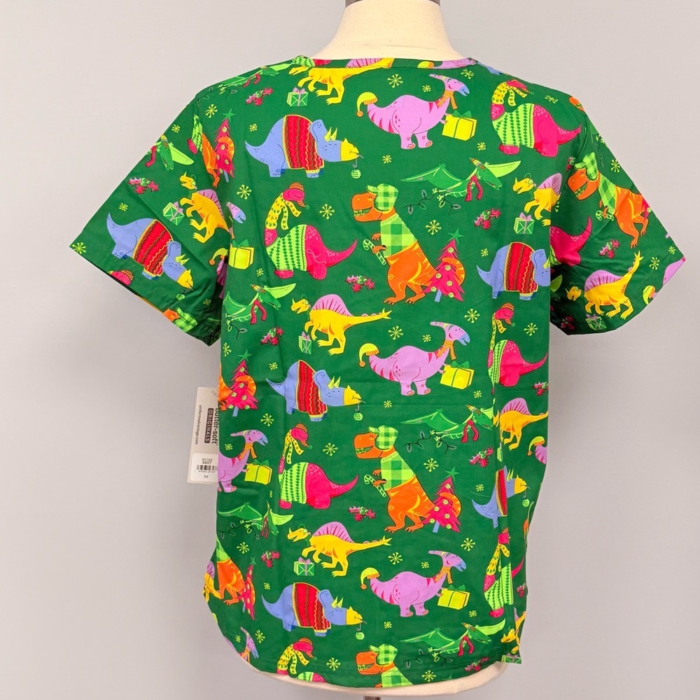 NWT Buttersoft Dinosaur Christmas Scrub M Top Green Holiday Cotton Scrubs Dino - Picture 2 of 9
